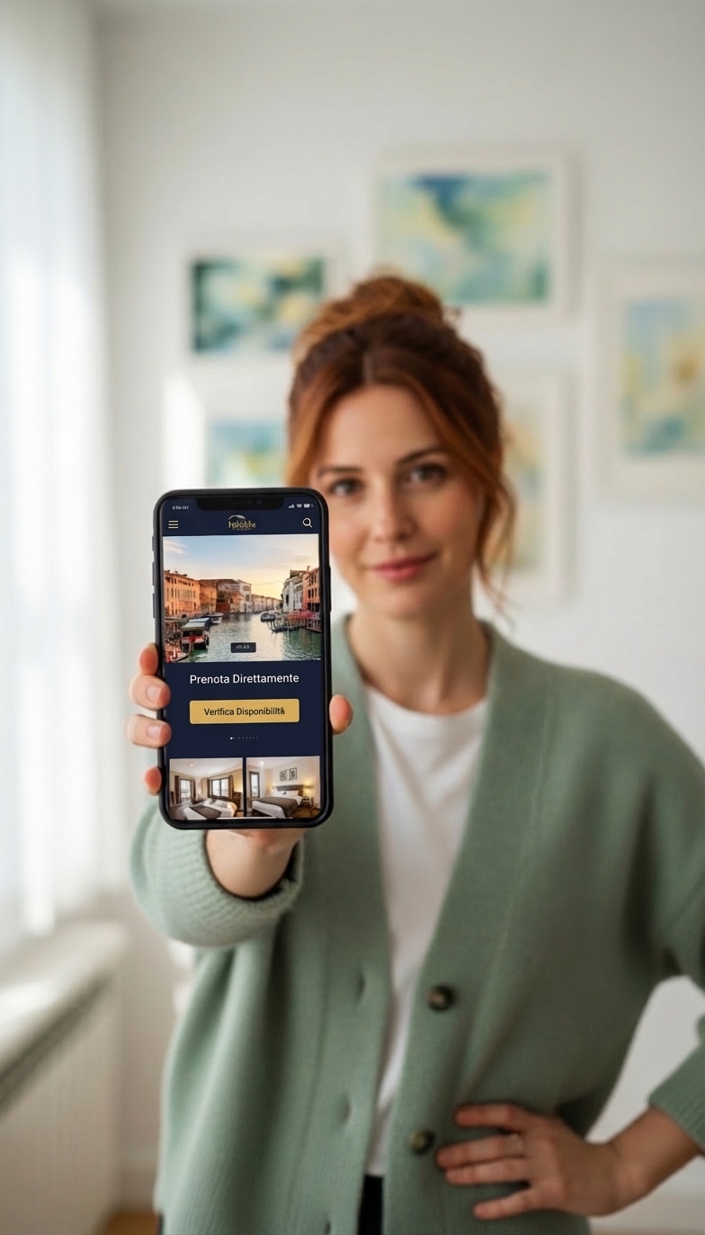 Francesca mostra il sito del suo hotel su smartphone - creato con TrovaMi